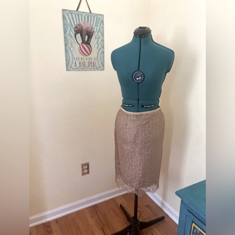 Golden j crew skirt with slightly shimmery lace dot overlay